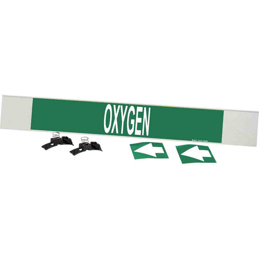 Brady "Oxygen" Pipe Marker, Fibreglass Carrier with Clips, 4" H x 24" W, White on Green
