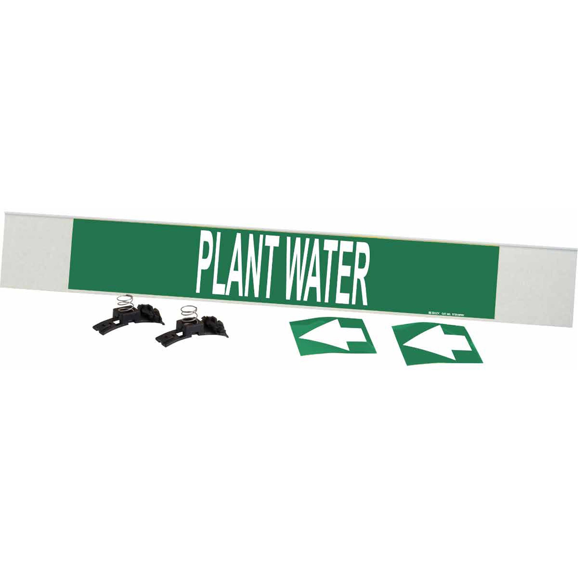 Brady "Plant Water" Pipe Marker, Fibreglass Carrier with Clips, 4" H x 24" W, White on Green