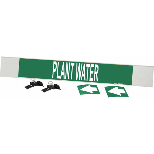 Brady "Plant Water" Pipe Marker, Fibreglass Carrier with Clips, 4" H x 24" W, White on Green