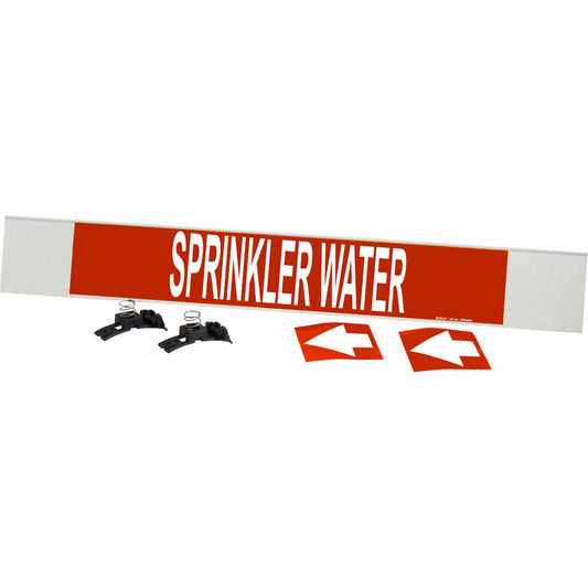 Brady "Sprinkler Water" Pipe Marker, Fibreglass Carrier with Clips, 4" H x 24" W, White on Red