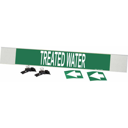 Brady "Treated Water" Pipe Marker, Fibreglass Carrier with Clips, 4" H x 24" W, White on Green