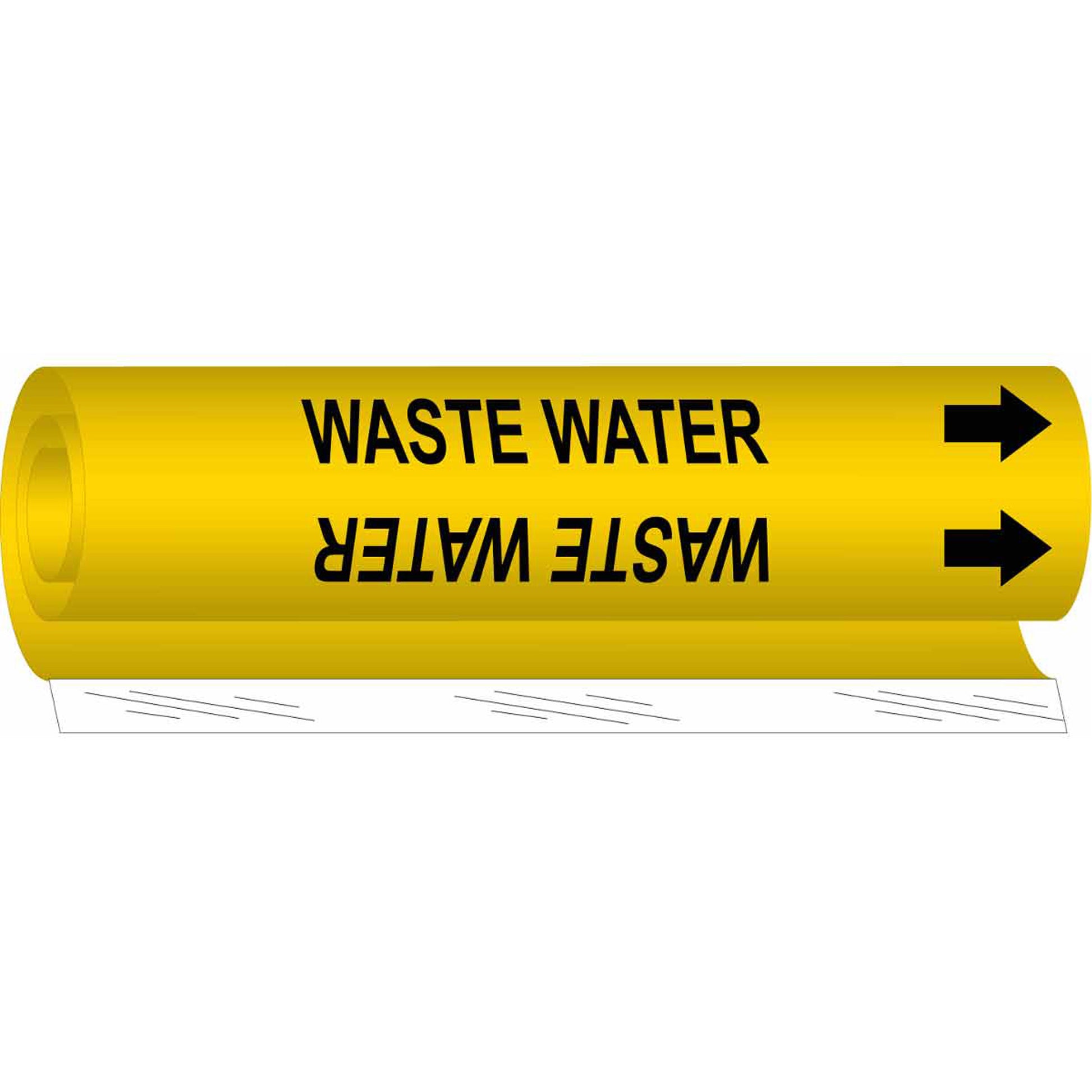 Brady "Waste Water" Pipe Marker, Wrap-Around, 26" H x 12" W, Black on Yellow