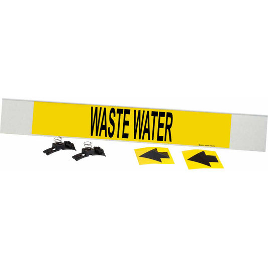 Brady "Waste Water" Pipe Marker, Fibreglass Carrier with Clips, 4" H x 24" W, Black on Yellow