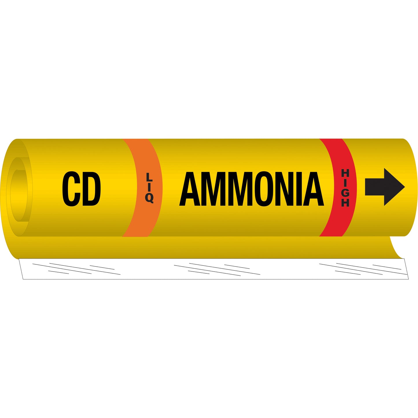 Brady "CD Liq Ammonia High" Ammonia (IIAR) Pipe Marker, Wrap-Around, 9" H x 8" W, Black on Yellow