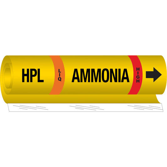 Brady "HPL Liq Ammonia High" Ammonia (IIAR) Pipe Marker, Wrap-Around, 9" H x 8" W, Black on Yellow