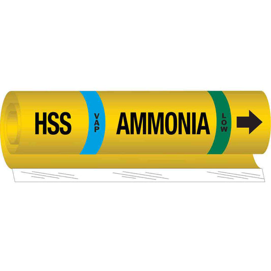Brady "HSS Vap Ammonia Low" Ammonia (IIAR) Pipe Marker, Wrap-Around, 9" H x 8" W, Black on Yellow