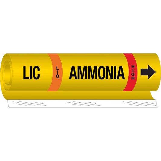 Brady "LIC Liq Ammonia High" Ammonia (IIAR) Pipe Marker, Wrap-Around, 9" H x 8" W, Black on Yellow