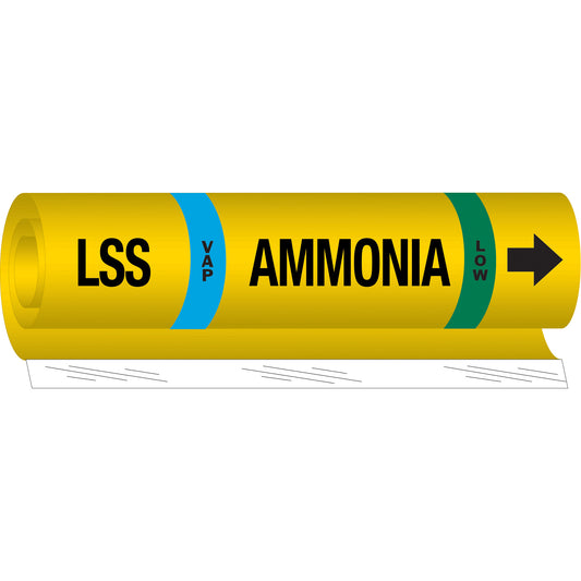 Brady "LSS Vap Ammonia Low" Ammonia (IIAR) Pipe Marker, Wrap-Around, 9" H x 8" W, Black on Yellow