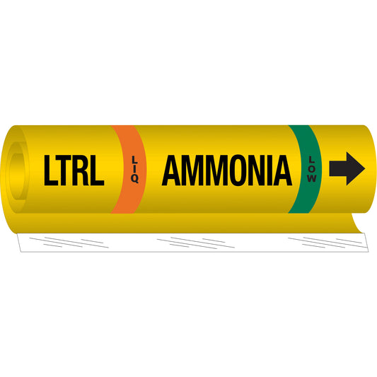 Brady "LTRL Liq Ammonia Low" Ammonia (IIAR) Pipe Marker, Wrap-Around, 9" H x 8" W, Black on Yellow