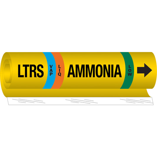 Brady "LTRS Liq/Vap Ammonia Low" Ammonia (IIAR) Pipe Marker, Wrap-Around, 9" H x 8" W, Black on Yellow