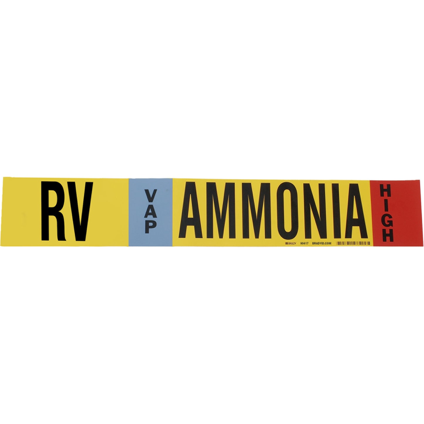 Brady "RV Vap Ammonia High" Ammonia (IIAR) Pipe Marker, Wrap-Around, 9" H x 8" W, Black on Yellow