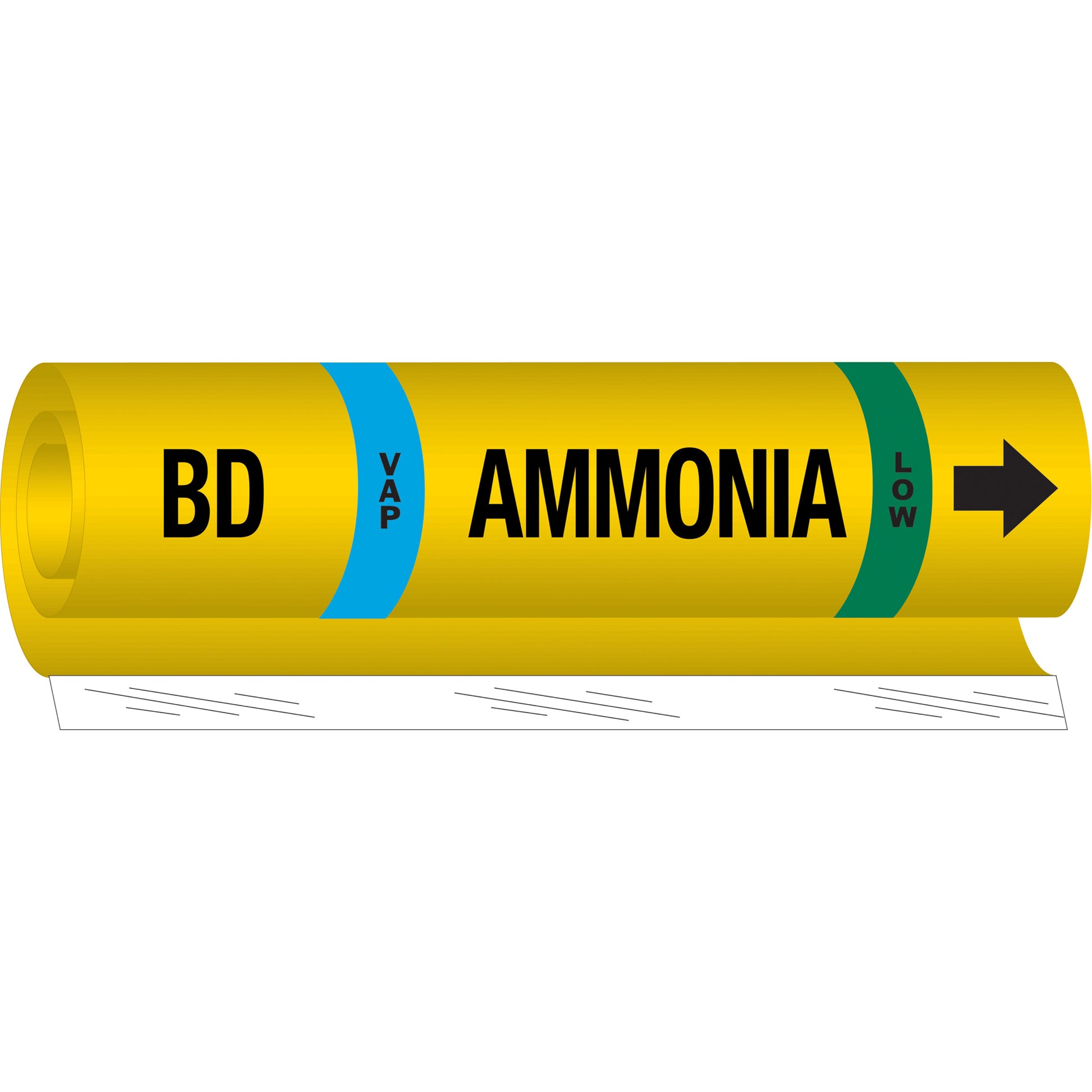 Brady "BD Vap Ammonia Low" Ammonia (IIAR) Pipe Marker, Wrap-Around, 26" H x 24" W, Black on Yellow