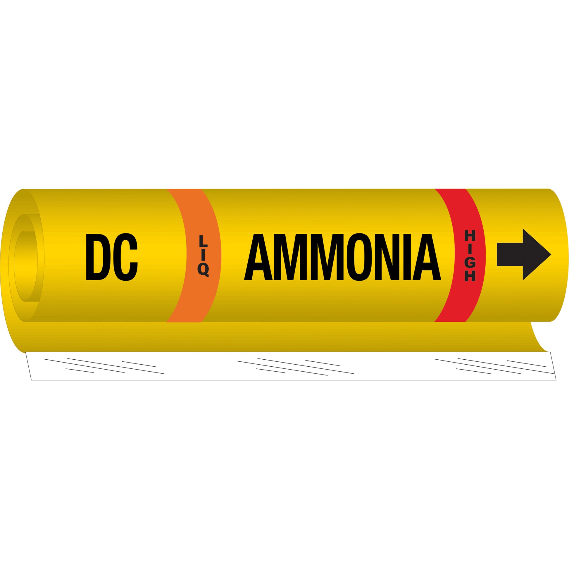 Brady "DC Liq Ammonia High" Ammonia (IIAR) Pipe Marker, Wrap-Around, 26" H x 24" W, Black on Yellow