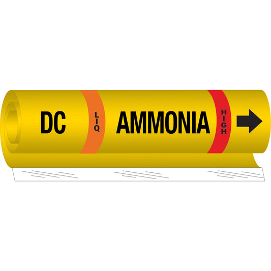 Brady "DC Liq Ammonia High" Ammonia (IIAR) Pipe Marker, Wrap-Around, 26" H x 24" W, Black on Yellow