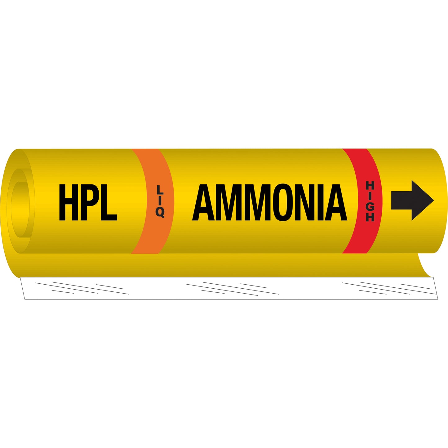 Brady "HPL Liq Ammonia High" Ammonia (IIAR) Pipe Marker, Wrap-Around, 26" H x 24" W, Black on Yellow