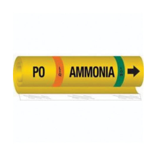 Brady "PO Liq Ammonia Low" Ammonia (IIAR) Pipe Marker, Wrap-Around, 9" H x 8" W, Black on Yellow