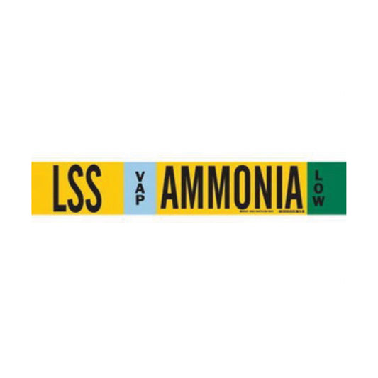 Brady "LSS Vap Ammonia Low" Ammonia (IIAR) Pipe Marker, Fibreglass Carrier with Clips, 4" H x 24" W, Black on Yellow