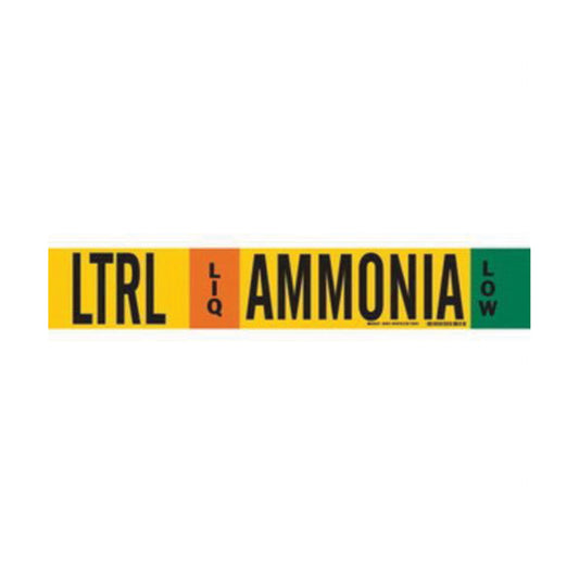 Brady "LTRL Liq Ammonia Low" Ammonia (IIAR) Pipe Marker, Fibreglass Carrier with Clips, 4" H x 24" W, Black on Yellow