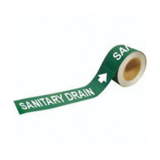 Brady "Sanitary Drain" Pipe Markers, Self-Adhesive, 2" H x 12" W, White on Green