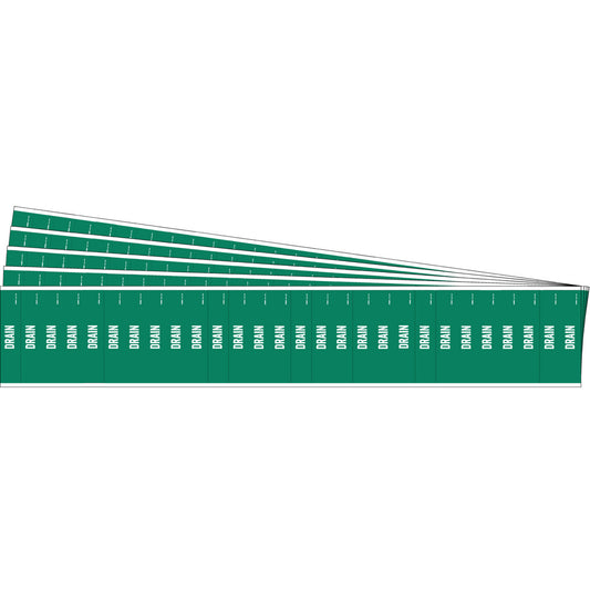 Brady "Drain" Semi-Conductor & Chemical Pipe Markers, Self-Adhesive, 1/2" H x 2-1/4" W, White on Green