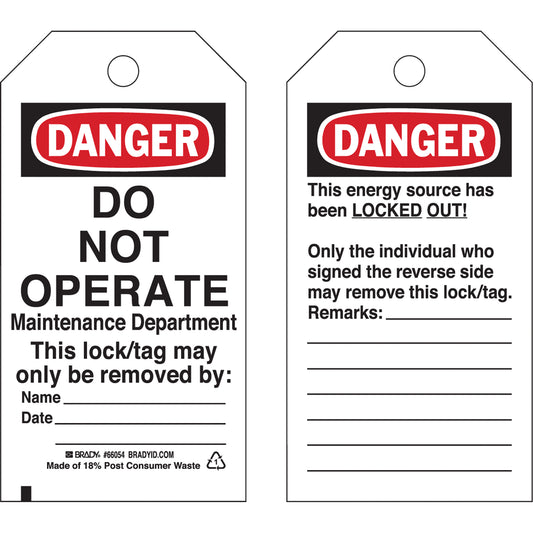 Brady Lockout Tags, Cardstock, 3" W x 5-3/4" H, English