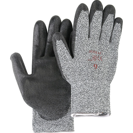 Jomac Canada Salt & Pepper Knit Gloves With Black Palm Coating, Size Large/9, Polyurethane Coated, HPPE Shell, ANSI/ISEA 105 Level 2