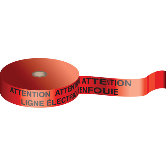 Brady "Attention Ligne Electrique Enfouie" Tape, 6" x 1000', Polyethylene, Red