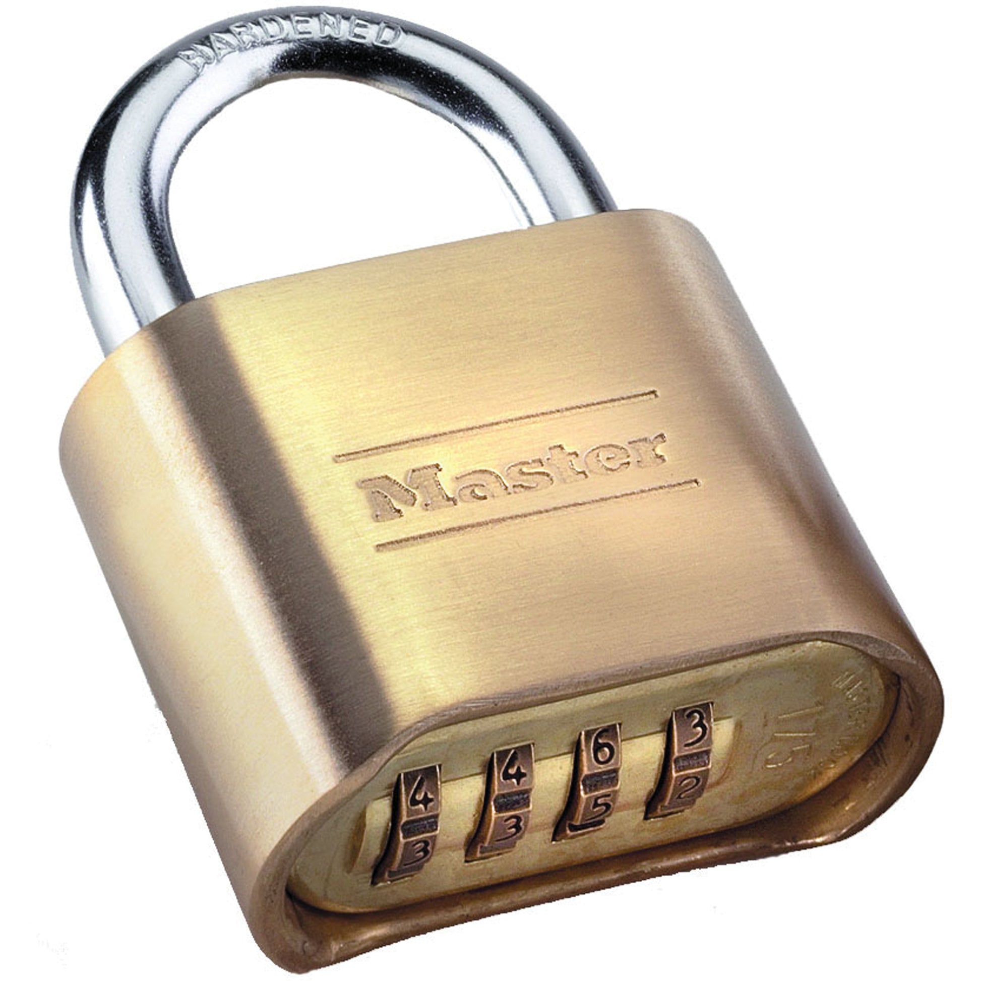 Master Lock Padlocks, Combination, Resettable, Brass Coating, 2" Width