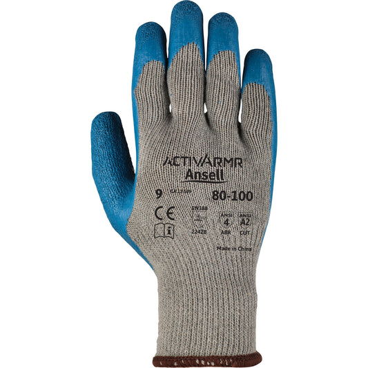 Ansell ActivArmr® 80-100 Gloves, 8/Medium, Rubber Latex Coating, 10 Gauge, Polyester/Cotton Shell