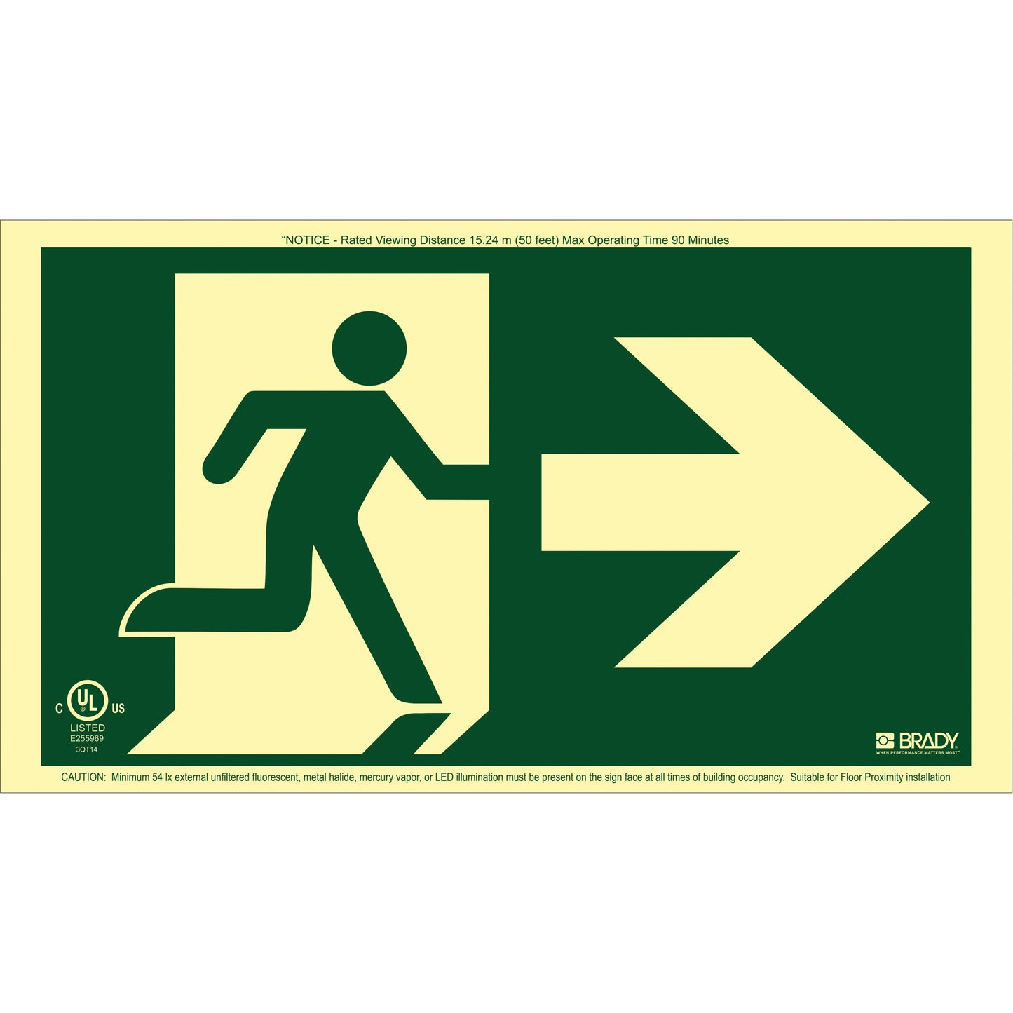 Brady BradyGlo® Running Man Exit Sign with Right Arrow, 8-1/2" x 15", Plastic, Pictogram