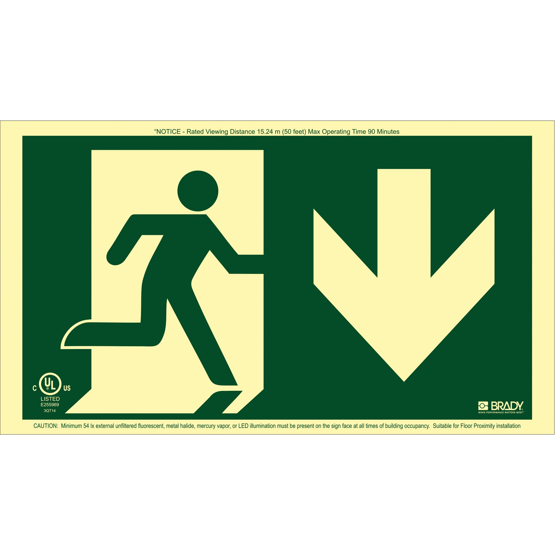 Brady BradyGlo® Running Man Exit Sign with Down Arrow, 8-1/2" x 15", Plastic, Pictogram