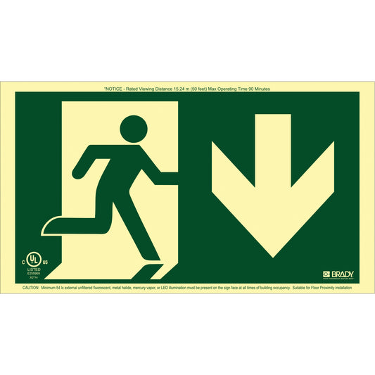 Brady BradyGlo® Running Man Exit Sign with Down Arrow, 8-1/2" x 15", Plastic, Pictogram