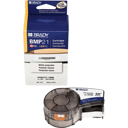 Brady Label Tape, Polyester, 0.375" L x 252" H, Black/White