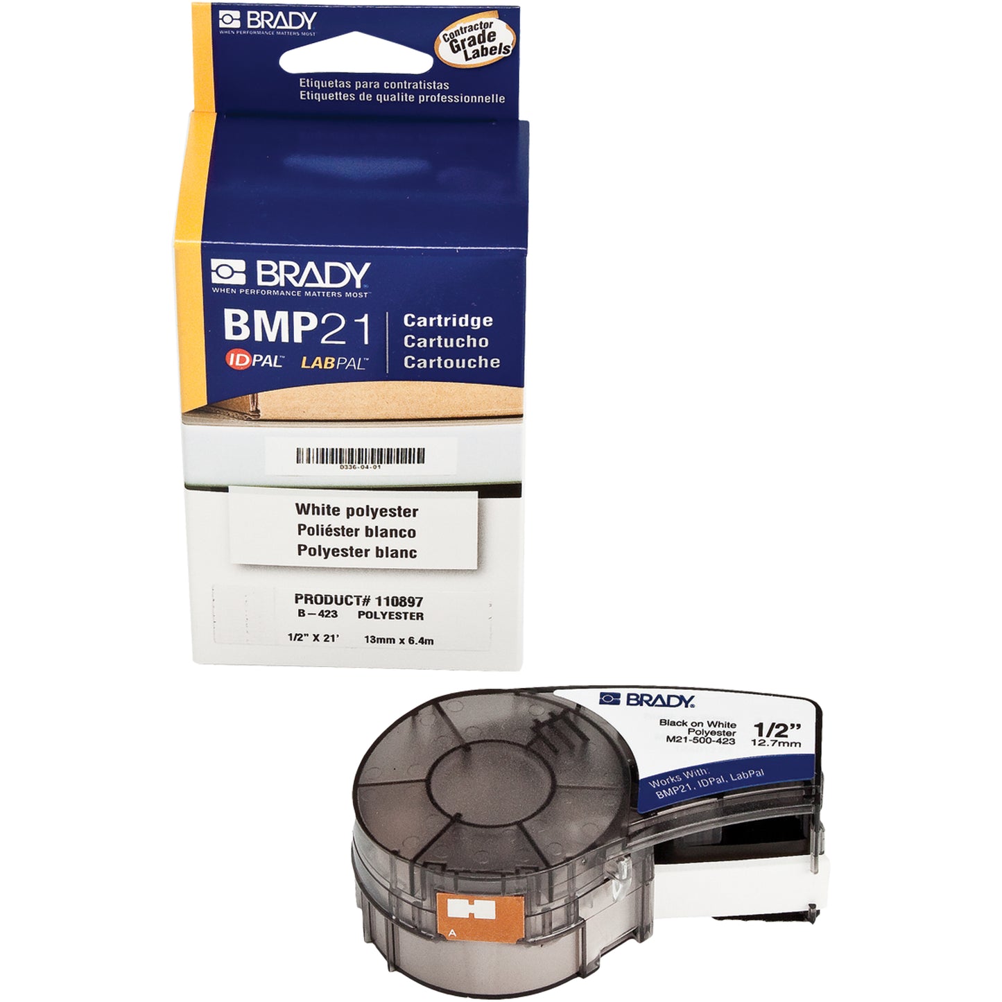 Brady Label Tape, Polyester, 0.5" L x 252" H, Black on White
