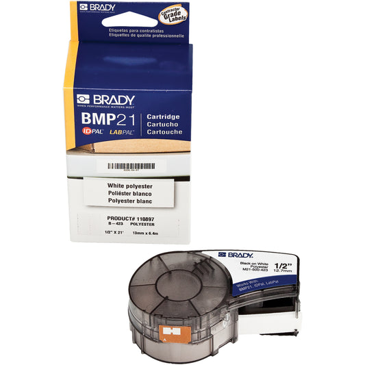 Brady Label Tape, Polyester, 0.5" L x 252" H, Black on White
