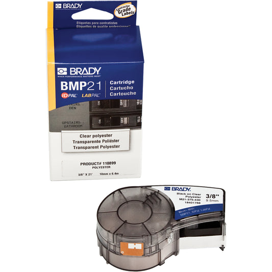 Brady Label Tape, Polyester, 0.375" L x 252" H, Black/Clear
