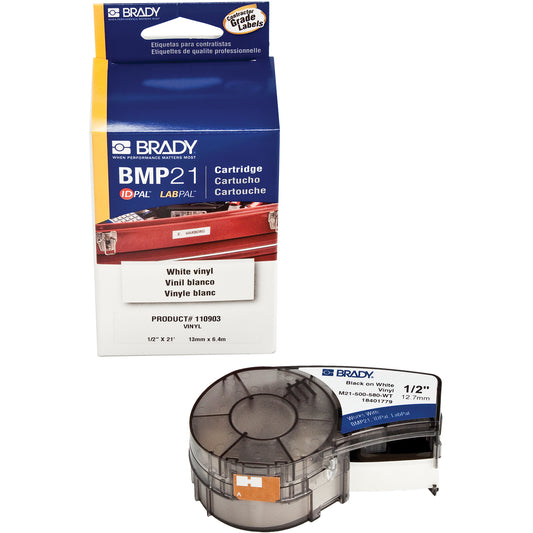 Brady Indoor/Outdoor Label Tape, Vinyl, 0.5" L x 252" H, Black on White