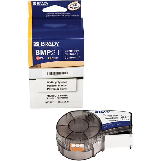 Brady Label Tape, Polyester, 0.75" L x 252" H, Black/White