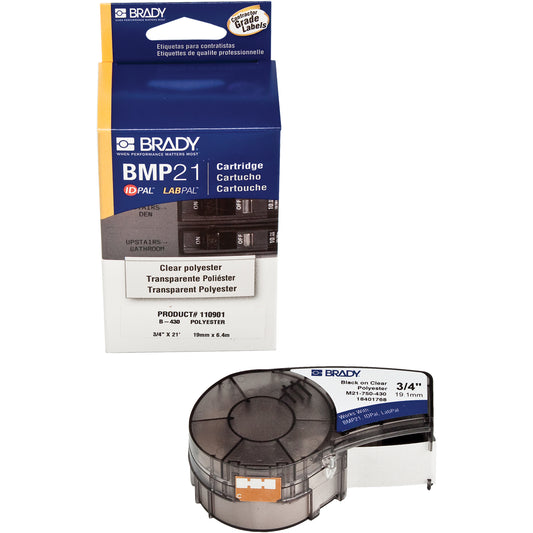 Brady Label Tape, Polyester, 0.75" L x 252" H, Black on Clear
