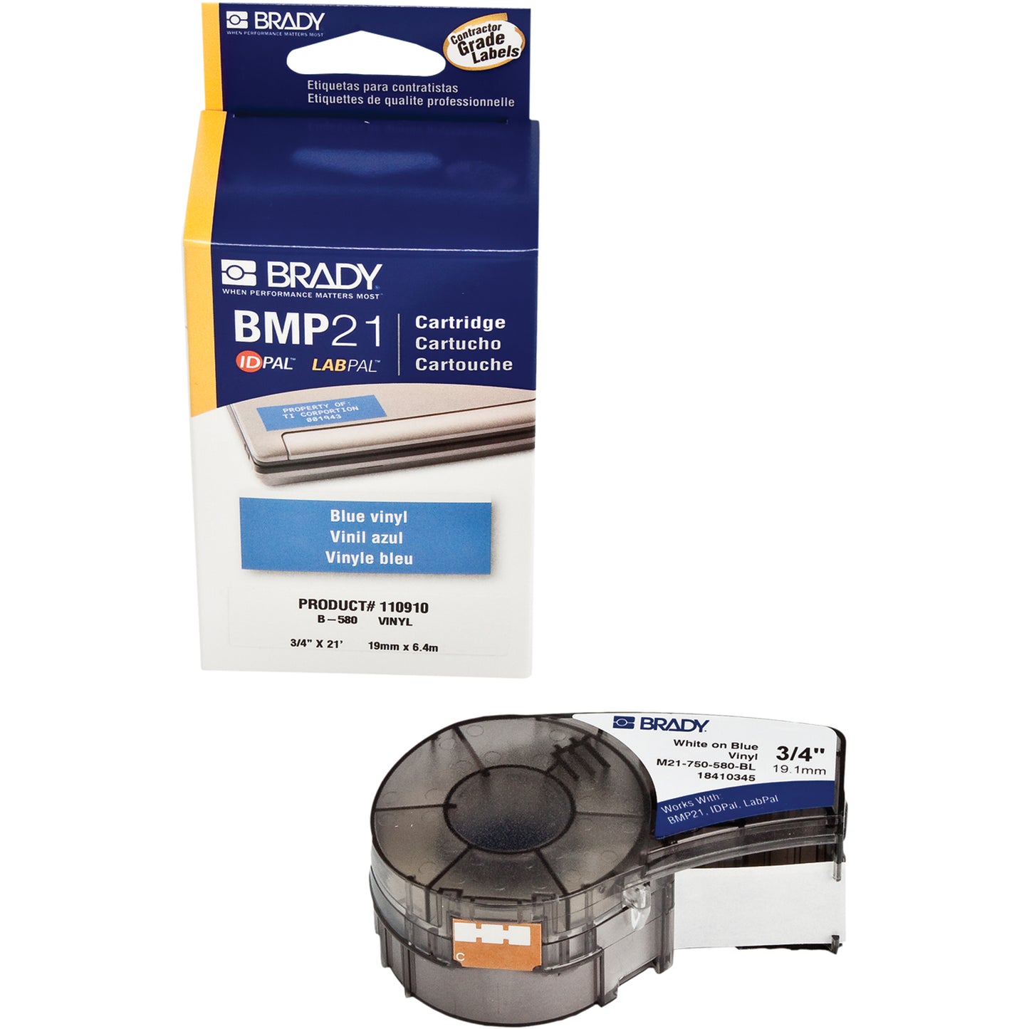 Brady Indoor/Outdoor Label Tape, Vinyl, 0.75" L x 252" H, White on Blue