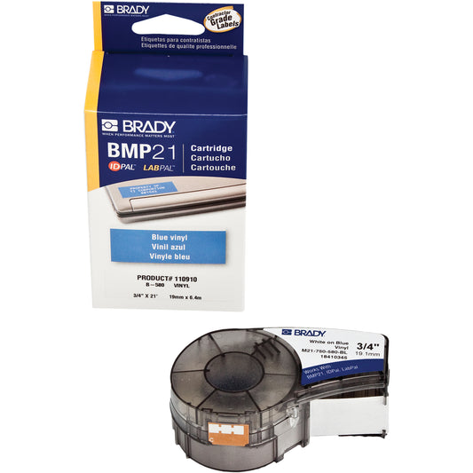 Brady Indoor/Outdoor Label Tape, Vinyl, 0.75" L x 252" H, White on Blue