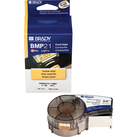 Brady Indoor/Outdoor Label Tape, Vinyl, 0.75" L x 252" H, Black on Yellow