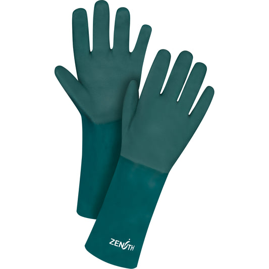 Zenith Safety Products Double Dipped Green Gloves, 14" L, PVC, Cotton Jersey Inner Lining, 70-mil