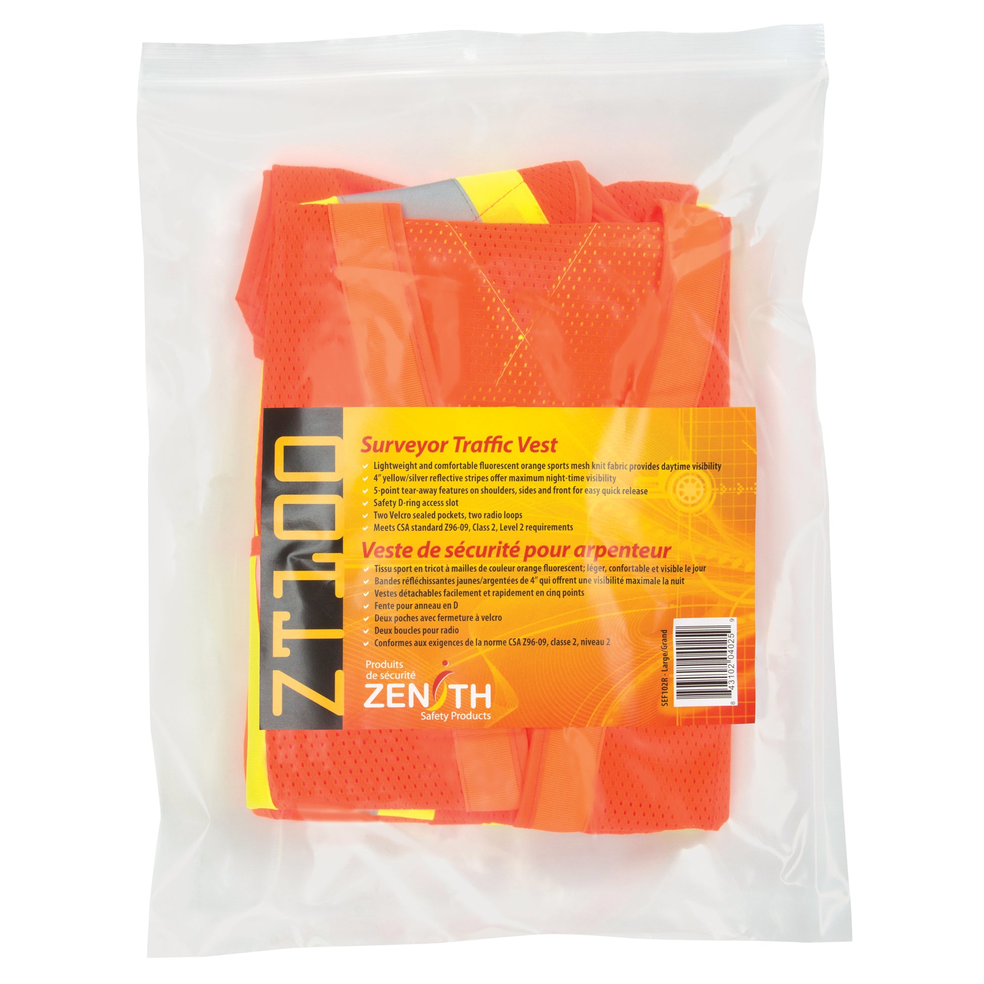 Zenith Safety Products Surveyor's Safety Vest, High Visibility Orange, Large, Polyester