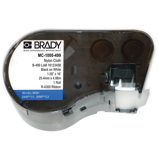 Brady B-499 Printer Labels, Nylon Cloth, 1" L x 192" H, Black on White