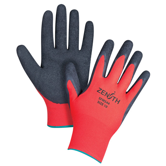 Zenith Safety Products Black & Red Crinkle Grip Coated Gloves, 10/X-Large, Rubber Latex Coating, 13 Gauge, Polyester Shell