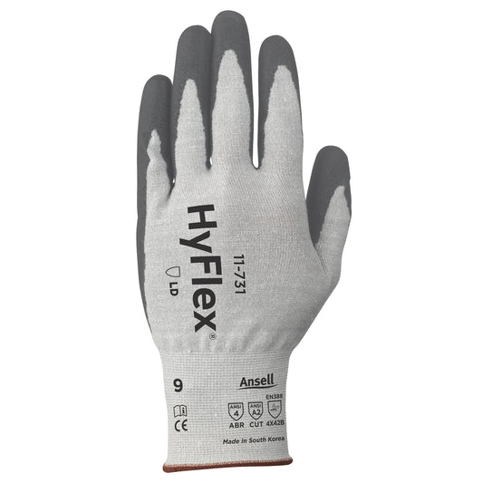 Ansell HyFlex®11-731 Cut Resistant Gloves, Size X-Large/10, 18 Gauge, Polyurethane Coated, Nylon/Fibreglass/HPPE/Spandex Shell, ASTM ANSI Level A2/EN 388 Level B