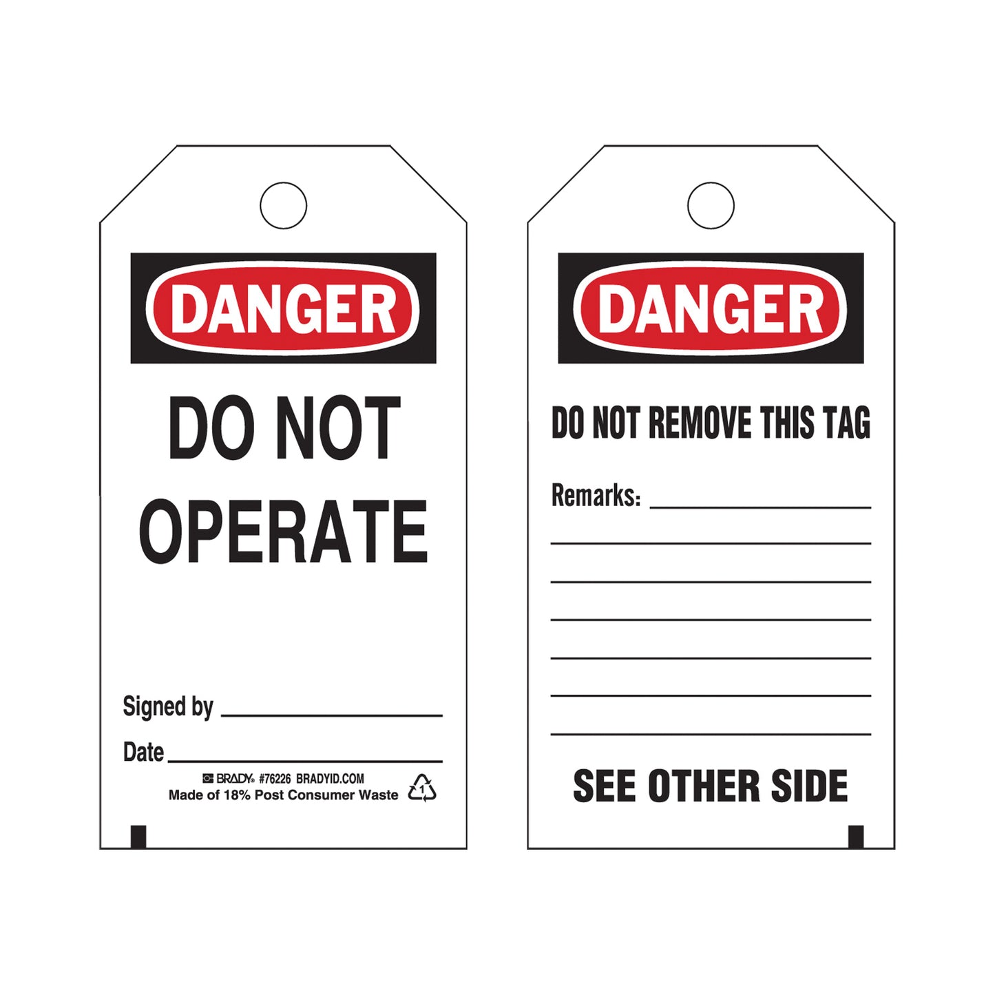 Brady Lockout Tags, Plastic, 3" W x 5-3/4" H, English