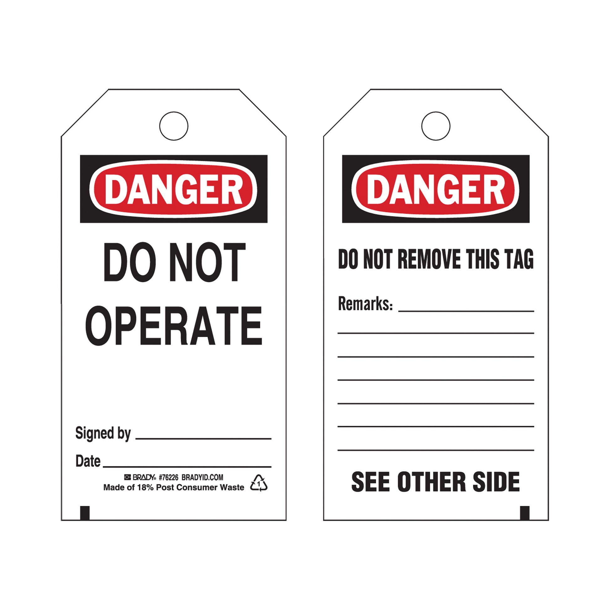 Brady Lockout Tags, Plastic, 3" W x 5-3/4" H, English