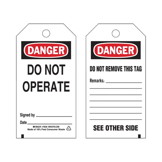 Brady Lockout Tags, Plastic, 3" W x 5-3/4" H, English